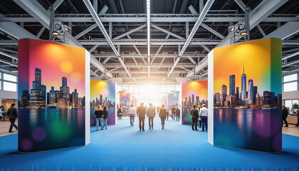 Colorful trade show banners in convention center, vibrant presentation