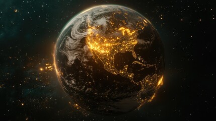 Naklejka premium A futuristic depiction of Earth at night, with bright lights and light lines representing global communication and technology.