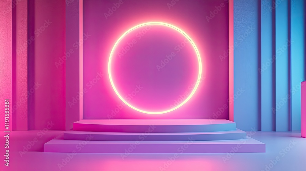 Poster Neon Circle Backdrop with Steps Display Platform