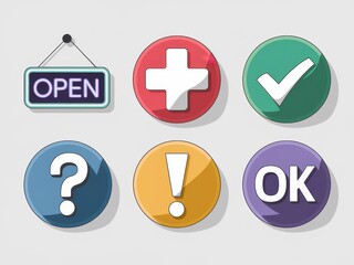 Obraz premium Colorful Circular Icons Displaying Various Symbols and Open Sign