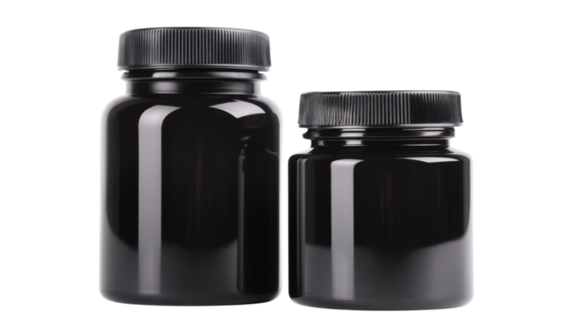 Black plastic bottle no label supplement container, isolated on transparent background