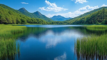 Fototapeta premium Serene lake surrounded by mountains and lush greenery under a clear blue sky