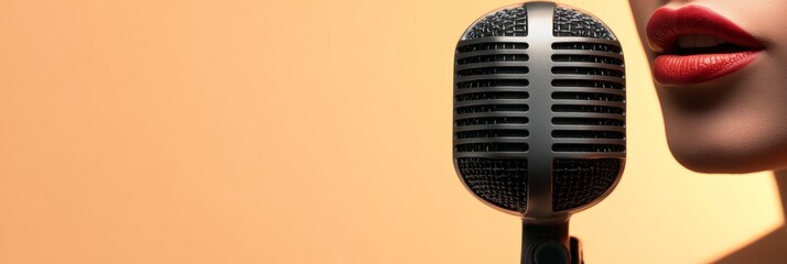 Close up of female singer with red lipstick singing into a vintage microphone, evoking a retro ambiance of musical performance and vocal artistry on an orange backdrop