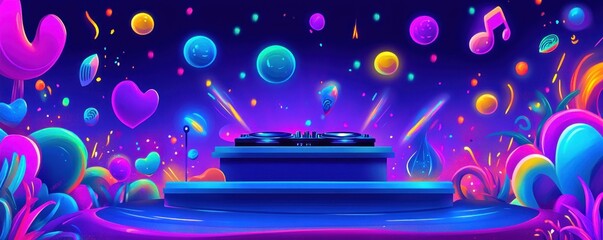 DJ setup, vibrant fantasy scene, music festival