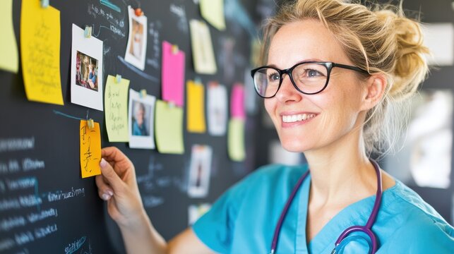 House moving for seniors. Smiling nurse organizing notes on a blackboard with colorful sticky notes.