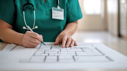 House moving for seniors. Medical professional drafting hospital floor plan on paper.