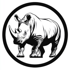 Obraz premium Rhino illustration, circle frame, African savanna background, wildlife logo