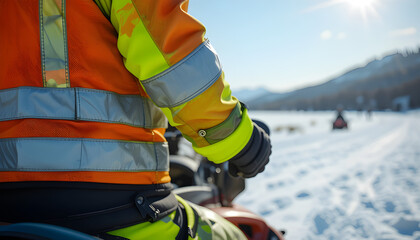 A person dressed in a bright orange and yellow safety suit operates a snowmobile across a vast snow-covered terrain under a clear blue sky.