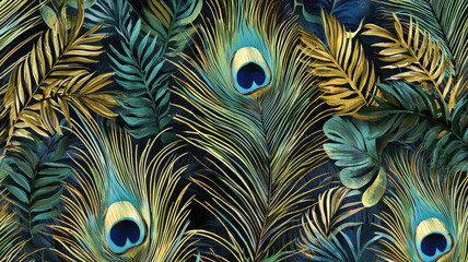 Luxurious peacock feather pattern wallpaper featuring metallic blues, greens, and golds, ideal for elegant interiors and bold statement walls.
