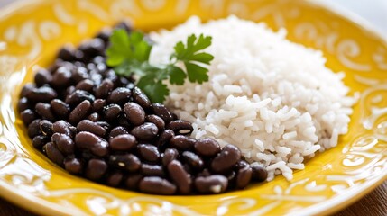 Traditional Rice and Black Beans Served on a Yellow Decorative Plate With Parsley Garnish, Highlighting Simplicity, Flavor, and the Comfort of Classic Cuisine in a Homestyle Setting