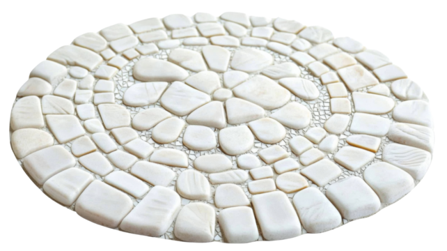 Circular mosaic with white stones and detailed pattern, isolated on transparent background