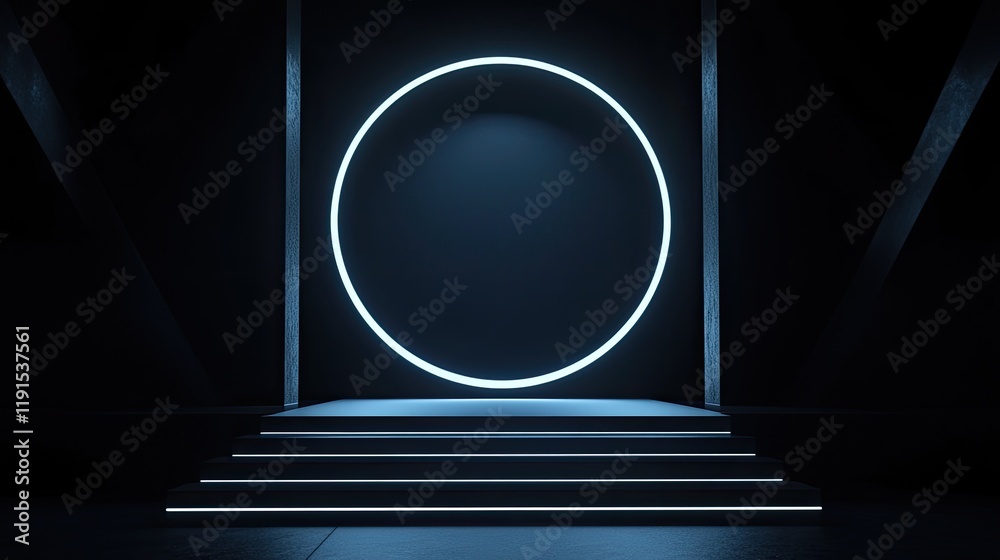 Poster neon lit steps leading to a circular frame