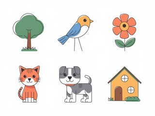 Simple illustrations of a tree bird flower cat dog and house