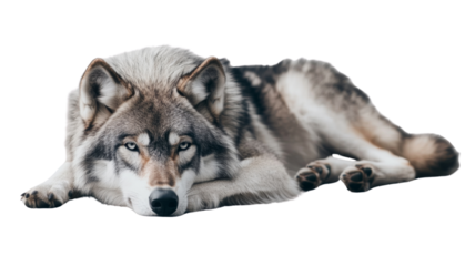 Close-up of peaceful wolf with captivating eyes, isolated on transparent background