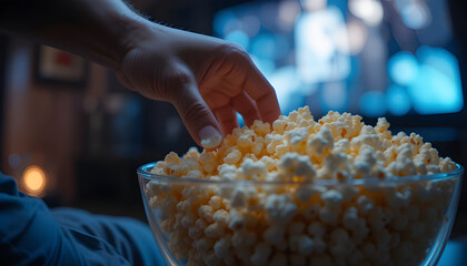 A hand reaches into a large bowl of popcorn while a movie plays on the TV screen in the background. The warm lighting creates a comfortable atmosphere for the evening.