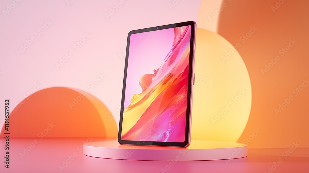 Poster Pink Tablet Displaying Abstract Art On A Platform