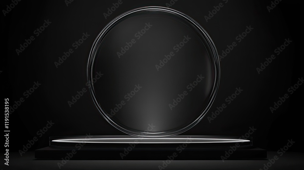 Poster black oval frame above minimalist platform display