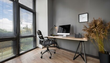 Generated image A stylish office corner with a standing desk setup, featuring a monitor, keyboard,