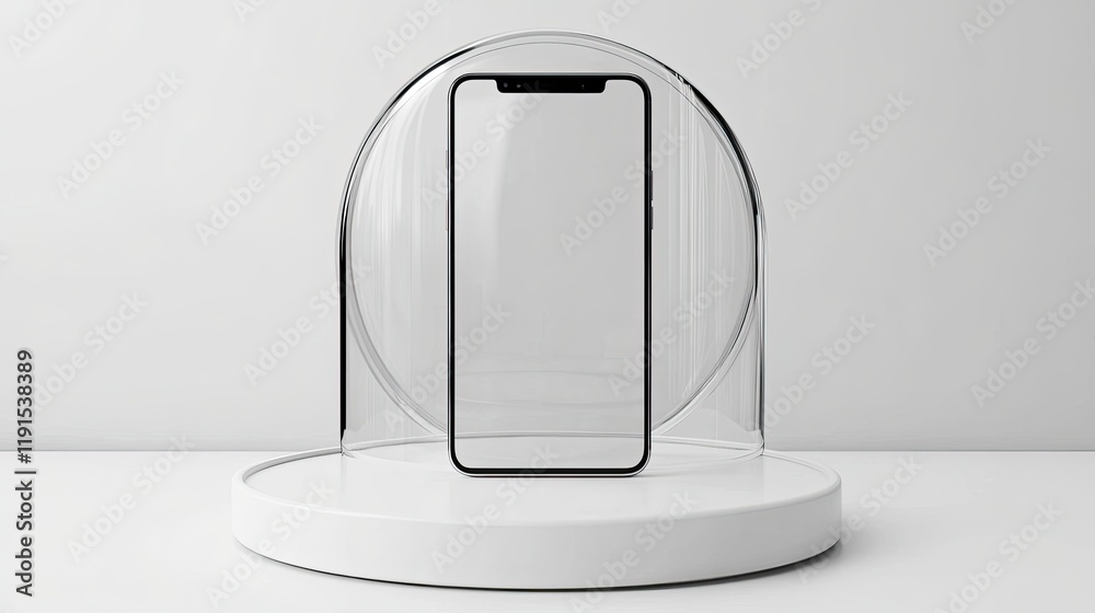 Poster smartphone displayed on minimalist white platform