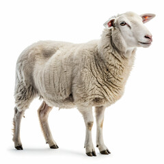 Fototapeta premium Adorable Fluffy Sheep Standing Isolated White Background Farm Animal pet wool cute lamb soft fauna 