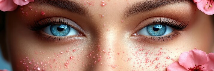 Expressive blue eyes framed by flowers and soft petals, highlighting natural beauty and elegance