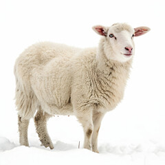 Fototapeta premium Adorable Fluffy Sheep in Winter Snow White Background Farm Animal lamb wool cute pure soft image 