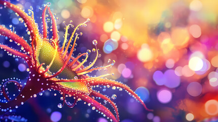 Vibrant close-up of a sundew plant with colorful bokeh background. Sundew. Illustration