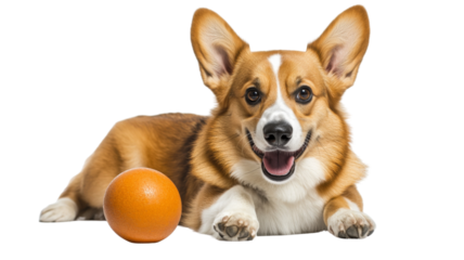 Dog playing with a ball, isolated on transparent background