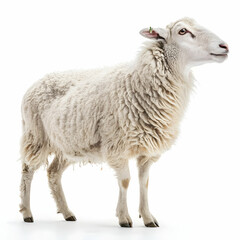Fototapeta premium Adorable Fluffy Sheep Standing Isolated White Background Farm Animal Photography pet wool cute lamb 
