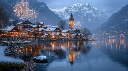 Fototapeta premium Festive Winter Village Lakeside Fireworks Snowy Mountains