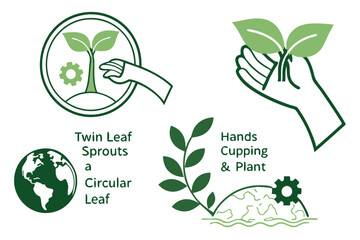 Simple green icons, botanical illustrations, twin leaf sprouts, hands cupping plant, seedling emerging from soil, circular leaf symbol, globe with leaf, minimalist design, eco-friendly concept, Japane
