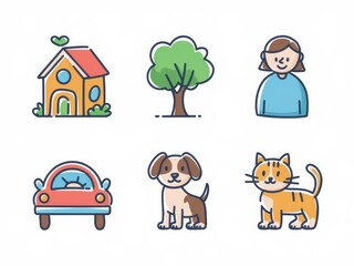 Fototapeta premium Adorable Cartoon Icons Depict Home Pets Tree and Car