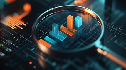 Magnifying Glass Highlighting Graphs and Digital Data on a High-Tech Circuit Board, Representing Analysis, Technology, and Innovation in a Futuristic and Data-Driven Environment