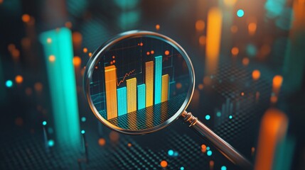 Fototapeta premium Magnifying Glass Highlighting Graphs and Digital Data on a High-Tech Circuit Board, Representing Analysis, Technology, and Innovation in a Futuristic and Data-Driven Environment