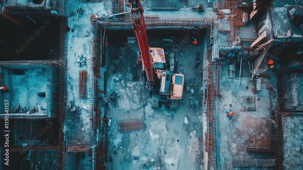 Poster aerial view of construction site showing excavator and workers