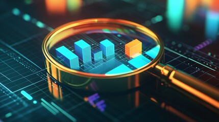 Magnifying Glass Highlighting Graphs and Digital Data on a High-Tech Circuit Board, Representing Analysis, Technology, and Innovation in a Futuristic and Data-Driven Environment