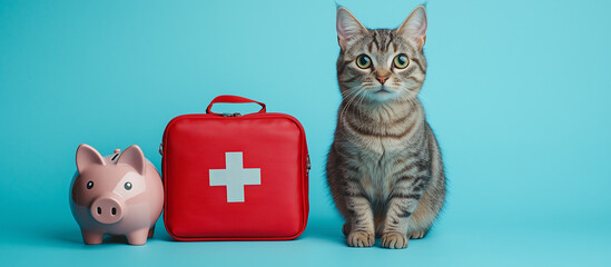Cat with a piggy bank and first aid kit on blue backdrop. Concept of financial responsibility in pet health