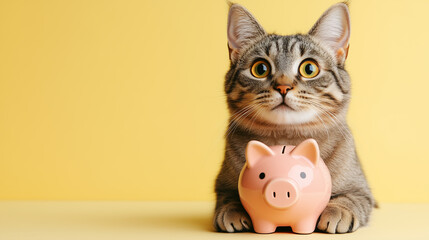 Obraz na płótnie Canvas Charming wide-eyed cat with piggy bank on light yellow background with empty space. Budgeting for pet expenses theme