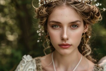 Fototapeta premium Blonde princess wearing tiara and medieval dress posing in a forest