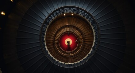 Dark spiral staircase, looking down, red glowing light at bottom, ominous atmosphere, deep shadows, concentric circles, industrial texture, metallic surfaces, high contrast, cinematic lighting, myster