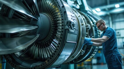 A close-up view of a technician inspecting a turbine engine inside a state-of-the-art aerospace manufacturing facility, Aerospace industry scene, Precision engineering style