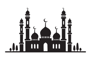 Majestic Mosque Silhouette with Tall Minarets and Trees