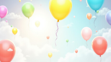 Vibrant balloons floating against a blue sky backdrop with clouds.