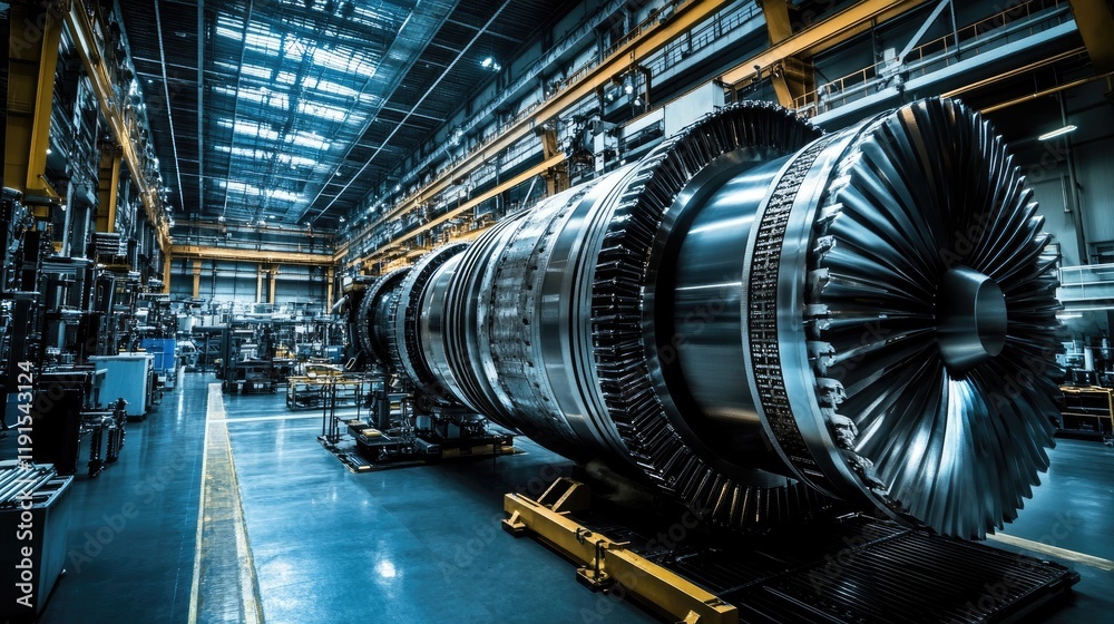 Poster large industrial turbine engine in factory setting
