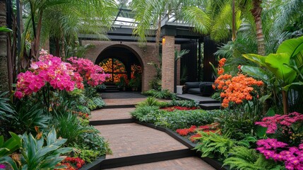Fototapeta premium Vibrant garden pathway adorned with lush flowers and tropical plants during daylight