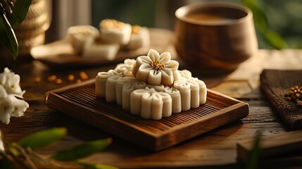 Window-lit pastries, tea, wood tray, rustic setting, food blog