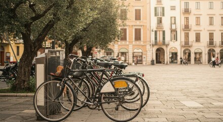 Obraz premium Italian courtyard, ancient olive tree, vintage bicycles, parked bikes, warm sunlight, ochre buildings, cobblestone street, rustic charm, urban tranquility, Mediterranean ambiance, historic architectur