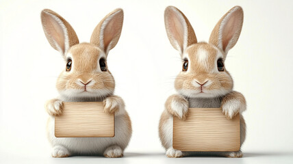 Fototapeta premium Easter bunnies and a wooden plaque are a place for the text.