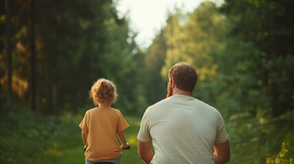 Fototapeta premium Father-Daughter Cycling on Sunlit Forest Path Family Bonding and Outdoor Adventure