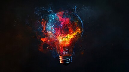 Exploding Light Bulb With Fiery Flames and Smoke in a Dark Atmosphere, Representing Creativity, Power, Innovation, and the Concept of Energy and Bright Ideas in a Dramatic Scene